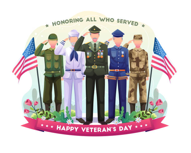 armeeveteranen verschiedener streitkräfte feiern, grüßen und ehren den veterans day. flache vektorillustration - armed forces us veterans day military saluting stock-grafiken, -clipart, -cartoons und -symbole