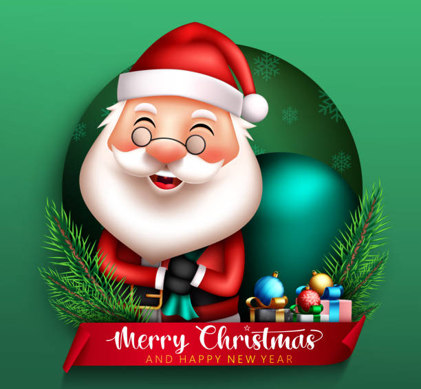 istock Christmas santa vector concept design. Merry christmas text with cute smiling santa claus holding sack bag element for xmas greeting card background. 1339404076