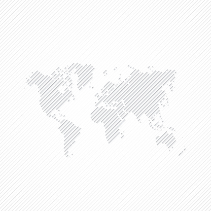 Map of World created with thin black lines diagonally and a slight shadow, isolated on a blank background. Vector Illustration (EPS10, well layered and grouped). Easy to edit, manipulate, resize or colorize. Vector and Jpeg file of different sizes.