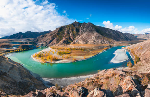 Confluence of Chuya and Katun rivers in Altai mountains, Russia. Confluence of Chuya and Katun rivers in Altai mountains, Siberia, Russia. Autumn landscape. Famous tourist destination western siberia stock pictures, royalty-free photos & images
