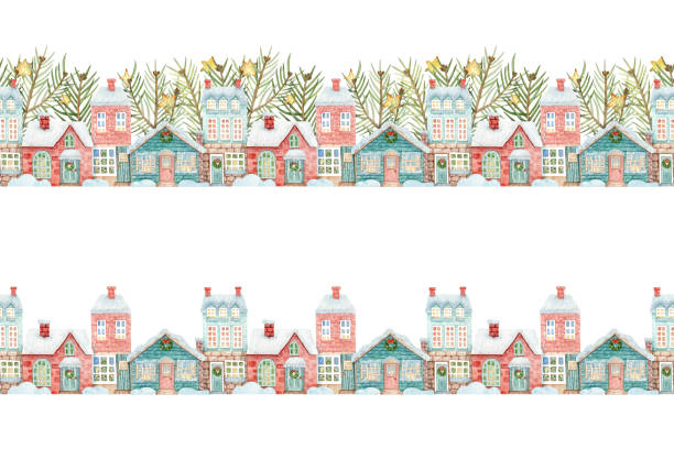 Set of watercolor seamless borders with Christmas houses, fir branches and stars. Hand-drawn winter pattern for decoration, design, banners, decorative tape, textiles and more. Set of watercolor seamless borders with Christmas houses, fir branches and stars. Hand-drawn winter pattern for decoration, design, banners, decorative tape, textiles and more. house borders stock illustrations