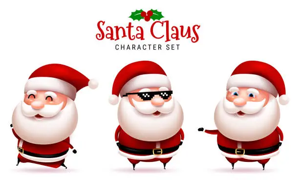 Vector illustration of Santa claus christmas character vector set. Santa claus in 3d happy characters with running, standing and wearing pixel sunglasses gesture for xmas collection design.