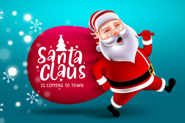 Santa claus running vector design. Santa claus is coming to town text with santa claus character running and holding sack bag of gifts for xmas celebration. Santa claus running vector design. Santa claus is coming to town text with santa claus character running and holding sack bag of gifts for xmas celebration. Vector illustration. santa claus stock illustrations