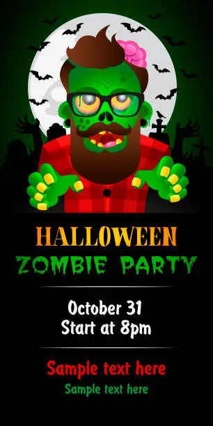 Vector illustration of Halloween Zombie Party theme on green background. Halloween poster with zombie hipster