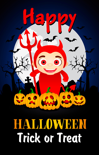 Happy Halloween Trick or Treat poster with kid in costume devil. Halloween greeting card. Vector illustration