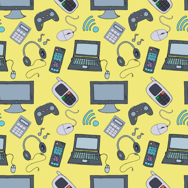 istock computer, laptop, game joystick and headphones on a yellow background, vector colored seamless pattern, doodle style 1339412569