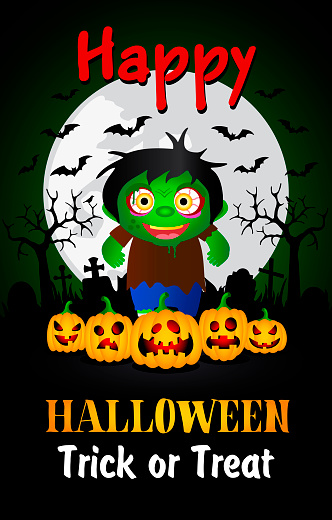 Happy Halloween Trick or Treat poster with kid in costume zombie. Halloween greeting card. Vector illustration