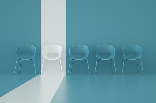 3d rendering of Chairs, standing out from the crowd, leadership business concept.
