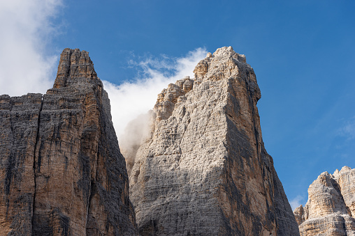 Rock face of the Drei Zinnen or Tre Cime di Lavaredo (three peaks of Lavaredo), north face, the famous mountain peaks of the Dolomites, Sexten Dolomites (Dolomiti di Sesto), UNESCO world heritage site, Trentino-Alto Adige and Veneto, Italy, Europe.