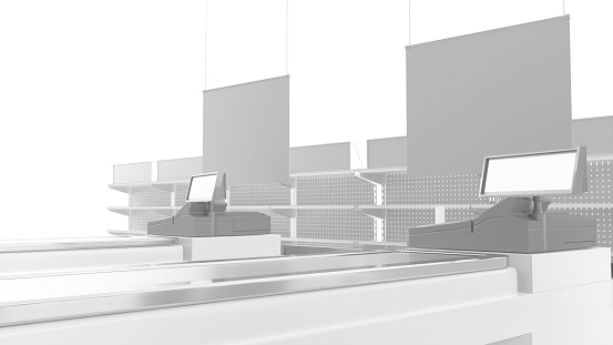 Supermarket Interior With Cash Register Counter. Cashier Checkout With Card Payment Terminal. 3D rendering