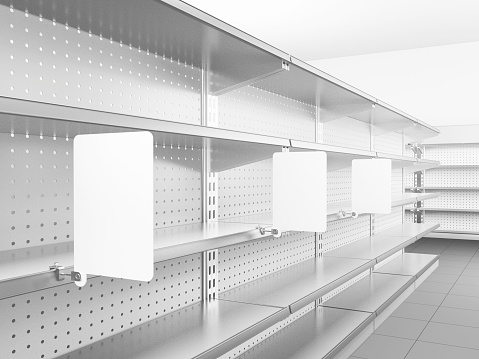 Set of shelves in supermarket, Blank stoppers attached to, Isolated shelf template