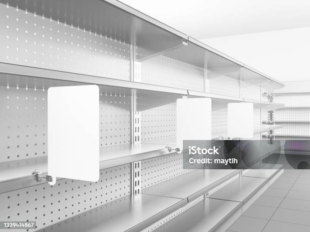 Empty Store Shelves With Rectangles Wobblers Stock Photo - Download Image Now - Shelf Wobbler, Shelf, Supermarket