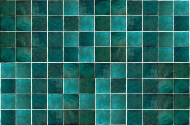 Photo of Green ceramic tile background. Old vintage ceramic tiles in green to decorate the kitchen or bathroom