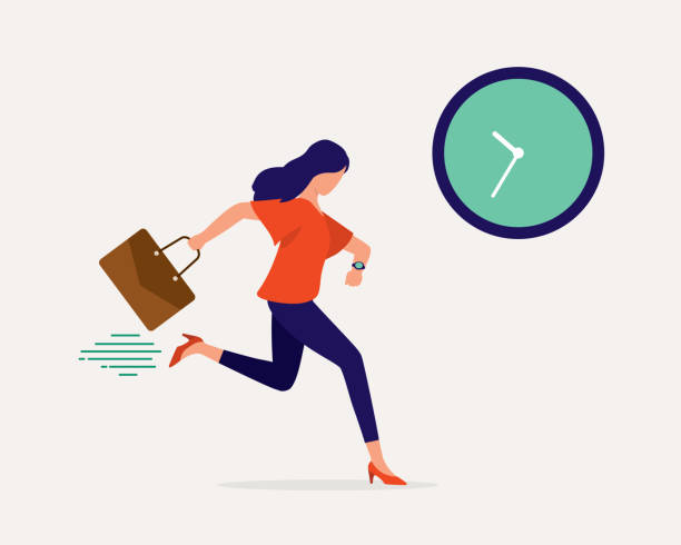 Female Employee Rushing To Office. Running Late For Work. Stressful Female Employee Rushing To Work. Full Length, Isolated On Solid Color Background. Vector, Illustration, Flat Design, Character. important stock illustrations