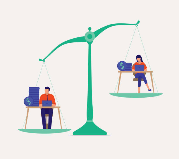 Gender Wage Gap Concept. Male And Female Employee Doing The Same Work, But The Female Employee Were Not Being Paid The Same As Her Male Colleague. Full Length, Isolated On Solid Color Background. Vector, Illustration, Flat Design. wages illustrations stock illustrations