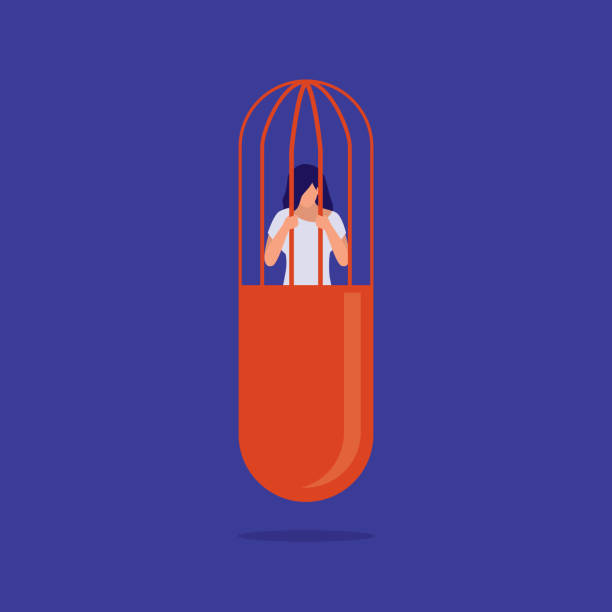 Drug Addiction Concept. Drug Addict Woman Locked Inside A Prisoner Cage In Pill Capsule Shape. MDMA, Ecstasy, Molly Addiction. Young Drug Addict Woman Trapped Inside A Prisoner Cage That Shaped Like A Pill Capsule. Full Length, Isolated On Solid Color Background. Vector, Illustration, Flat Design, Character. prison illustrations stock illustrations