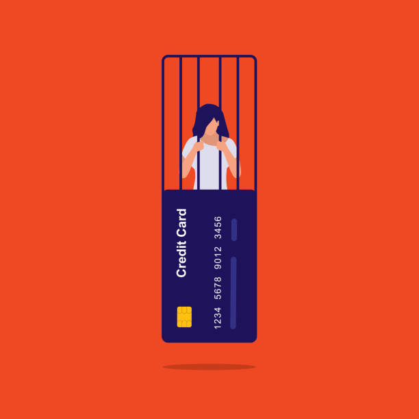 Young Woman In Credit Card Debt Concept. Young Broke Woman Trapped Inside A Prisoner Cage In Credit Card Design. Overspending. Full Length, Isolated On Solid Background. Vector, Illustration, Flat Design, Character. prison illustrations stock illustrations