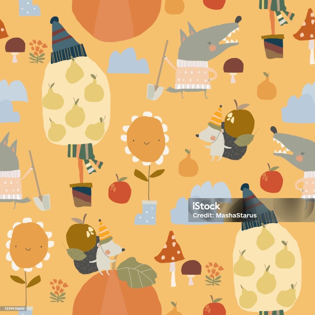 Fall Animal Patterns Seamless Pattern With Funny Animals And Autumn Elements Stock ...