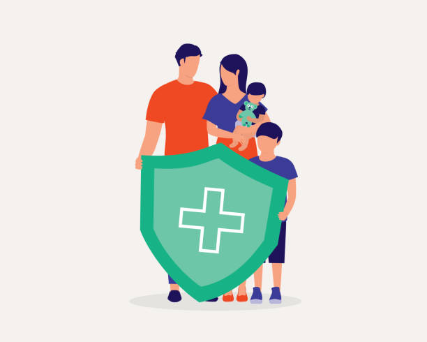 Family Health Insurance Concept. Family With Protection Shield. Full Length, Isolated On Solid Color Background. Vector, Illustration, Flat Design, Character. life insurance stock illustrations