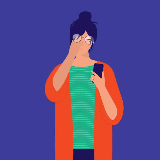 Vector illustration of Woman Rubbing Her Dry Irritated Eyes After Long Hour Of Using Mobile Phone.