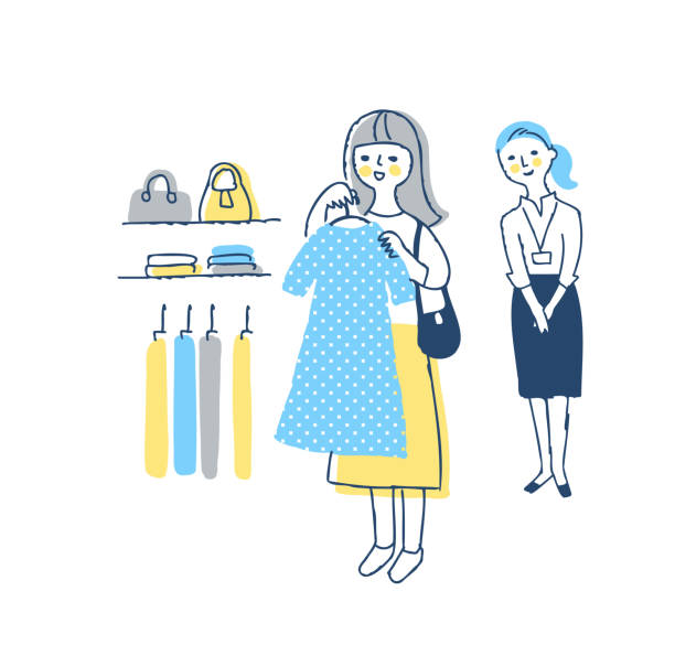 ilustrações, clipart, desenhos animados e ícones de uma jovem escolhendo roupas em uma loja de roupas - clothing store sales clerk usa clothing
