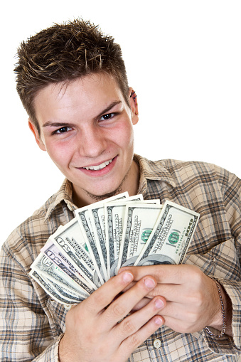 young man with money isolated on white