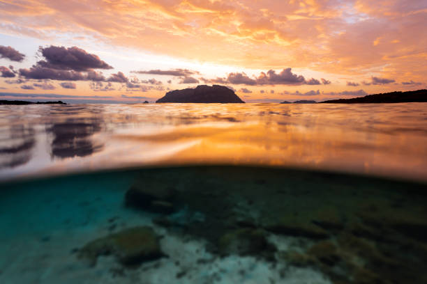 istock (Selective focus) Split shot, over under water surface. Defocused waves in the foreground with Tavolara Island on the surface during a dramatic sunrise. Porto Istana, Sardinia, Italy. 1339422209