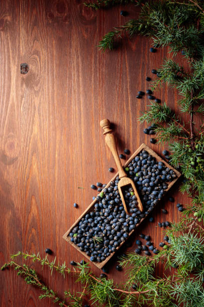 istock Juniper branches and seeds on a wooden background. 1339423525