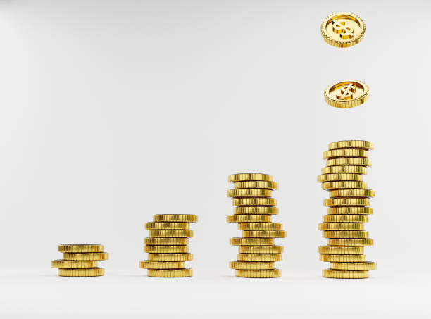 istock Isolate US dollar coins dropping to golden coins stacking on white background for investment and banking financial saving deposit concept by 3d rendering. 1339423797