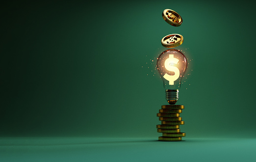 Golden US dollar sign glowing inside transparent lightbulb with coins stacking and dropping for creative thinking idea and problem solving can make more money by 3d rendering technique.