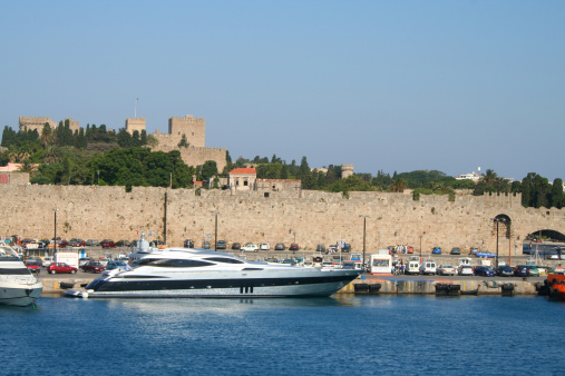 Rhodes city walls and harbour view