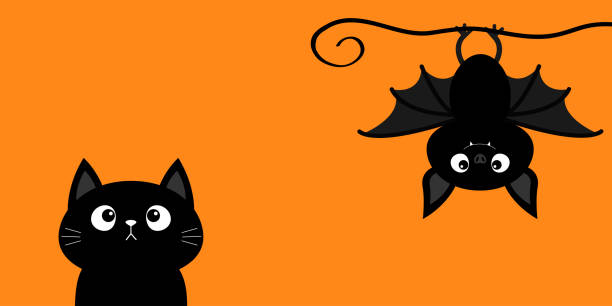 illustrazioni stock, clip art, cartoni animati e icone di tendenza di pipistrello appeso. gattino gatto nero gattino gattino che guarda in alto. felice banner di halloween. simpatico cartone animato kawaii divertente cucciolo animale charater. biglietto di auguri. design piatto. sfondo arancione. isolato. - bat cartoon halloween wing