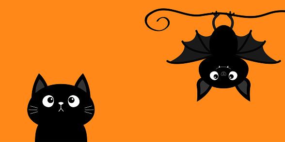 Hanging bat. Black cat kitten kitty looking up. Happy Halloween banner. Cute cartoon kawaii funny baby animal charater. Greeting card. Flat design. Orange background. Isolated. Vector illustration
