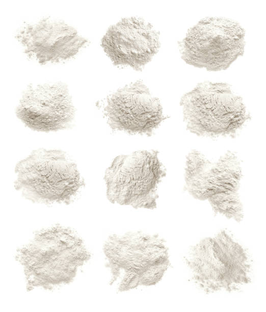 zestaw mąki organicznej na białym tle, widok z góry - ground flour white heap zdjęcia i obrazy z banku zdjęć