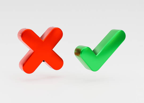 Green check mark and red cross. Choice concept - yes or no, accept or decline. 3D render illustration.