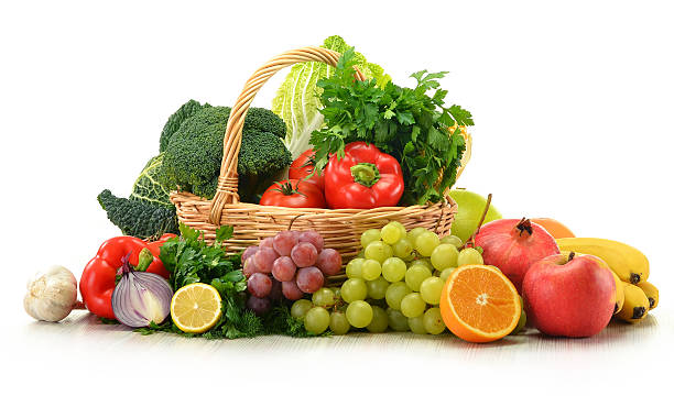 istock Composition with groceries and wicker basket isolated on white 133942654