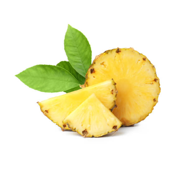 istock Ripe juicy pineapple and citrus leaves on white background 1339427241