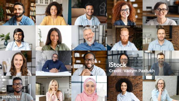 Crowded Video Screen Briefing Brainstorm Virtual Meeting Of Multiracial Work Team Stock Photo - Download Image Now