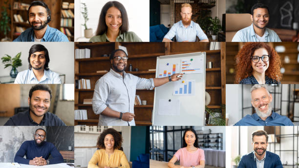 istock Distant web brainstorming of multiracial team, video call 1339428369