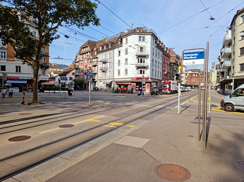 Schmiede Wiedikon Tram / Bus stop captured during autum season.