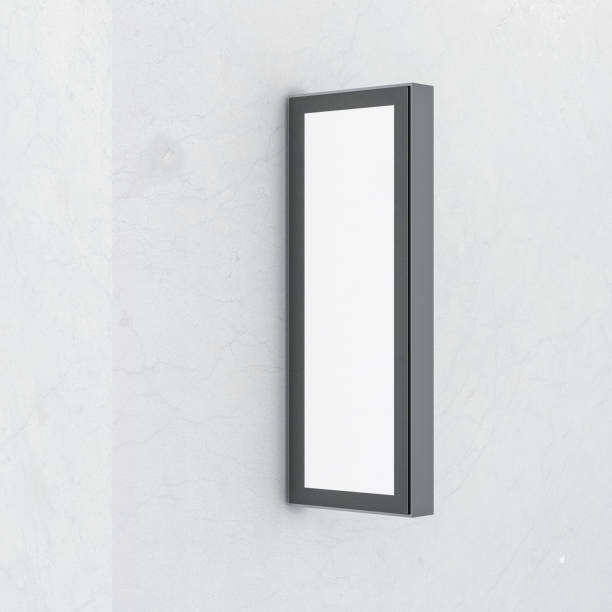 istock Gray vertical Signboard Mockup on concrete wall corner, store signage lightbox template 1339428817