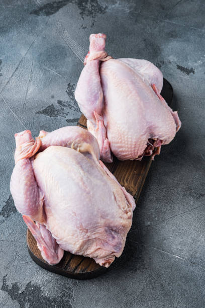 istock Raw small young chicken, on gray background with copy space for text 1339430068