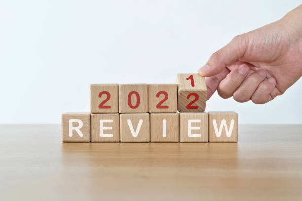 Hand turning  blocks from 2021 to 2022 with review text stock photo
