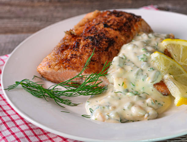 Fish with homemade remoulade stock photo