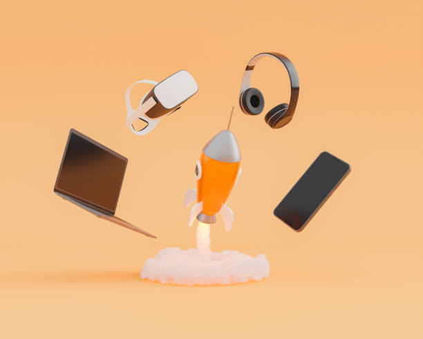 entertainment devices floating around of a rocket taking off. 3d rendering