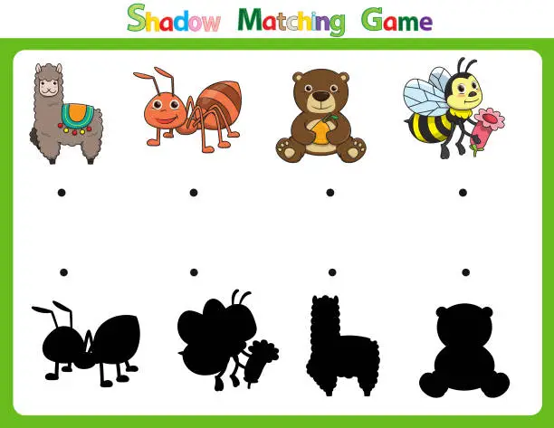 Vector illustration of Vector illustration for learning shadows of different shapes. For children with 4 cartoon images Apaca, ant, bear, bee.