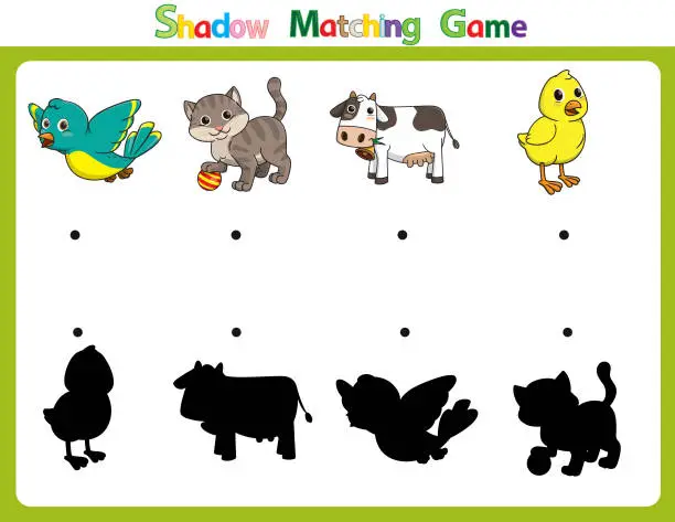 Vector illustration of Vector illustration for learning  shadow of different shapes. For children witch  4 cartoon images Bird, Cat, Cow, Chick.