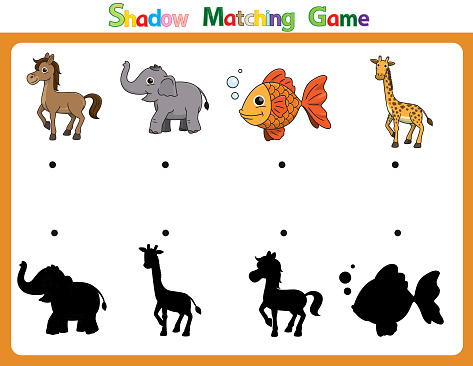 Vector illustration for learning  shadow of different shapes. For children witch  4 cartoon image Horse Elephant Fish Giraffe learning pages for kids.