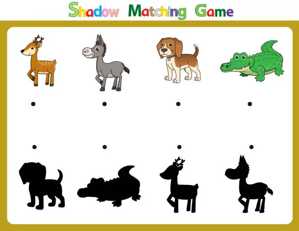 Vector illustration of Vector illustration for learning  shadow of different shapes. For children witch  4 cartoon image Deer Donkey Dog Crocodile.