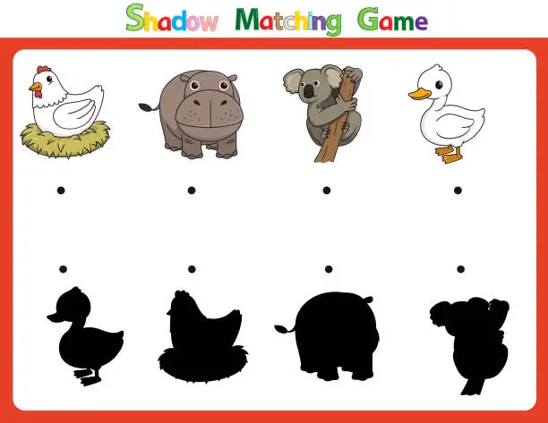 Vector illustration of Vector illustration for learning  shadow of different shapes. For children witch  4 cartoon image Hen, Hippo, Koala, Duck.